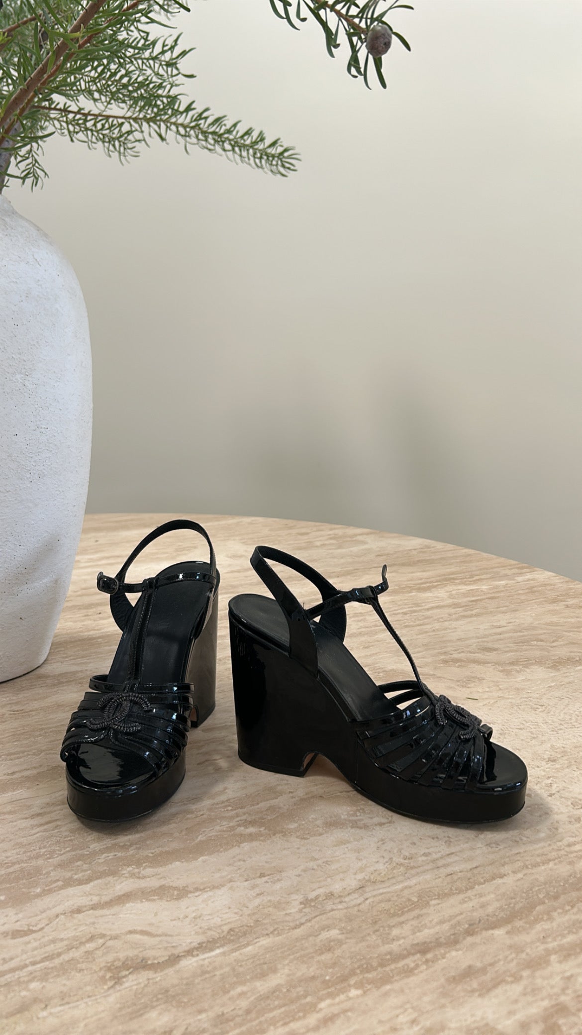 Chanel Black Patent Leather Wedge Sandals Size 40