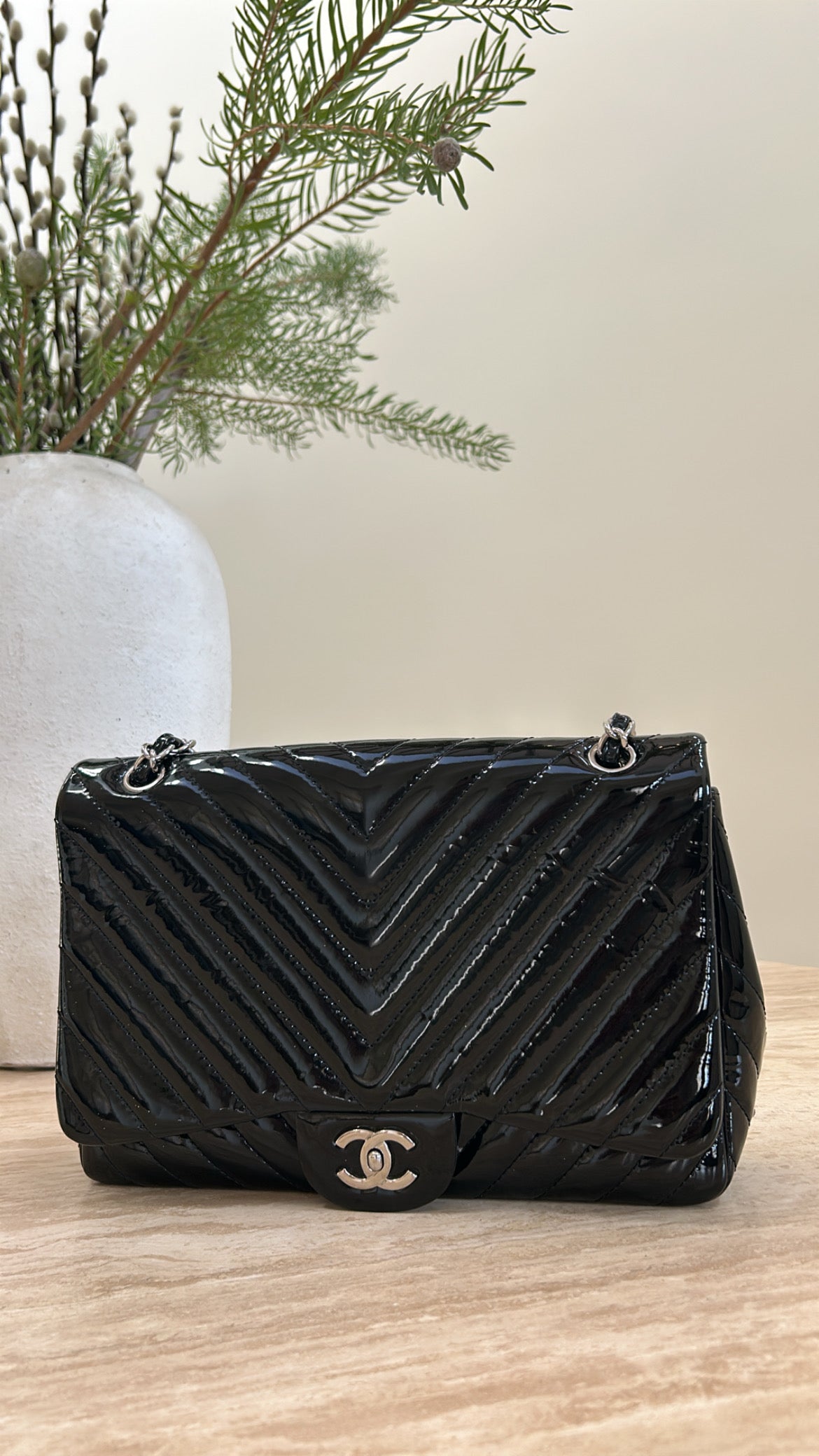 Chanel Jumbo Black Chevron Patent Leather Handbag