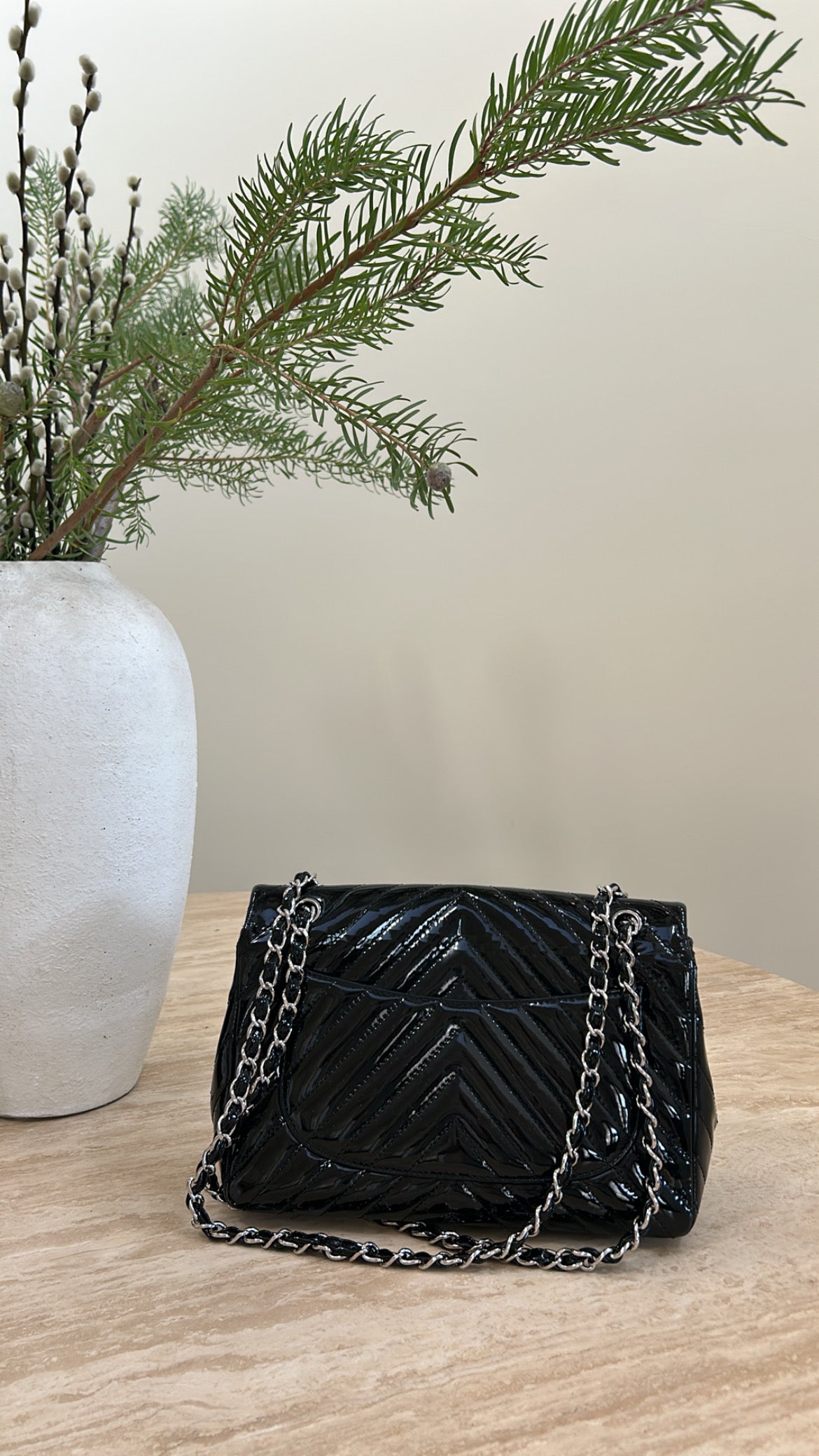 Chanel Jumbo Black Chevron Patent Leather Handbag