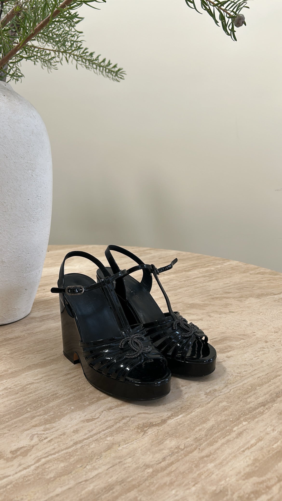 Chanel Black Patent Leather Wedge Sandals Size 40